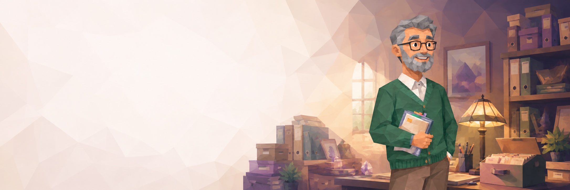 An older character standing in a warm study full of books