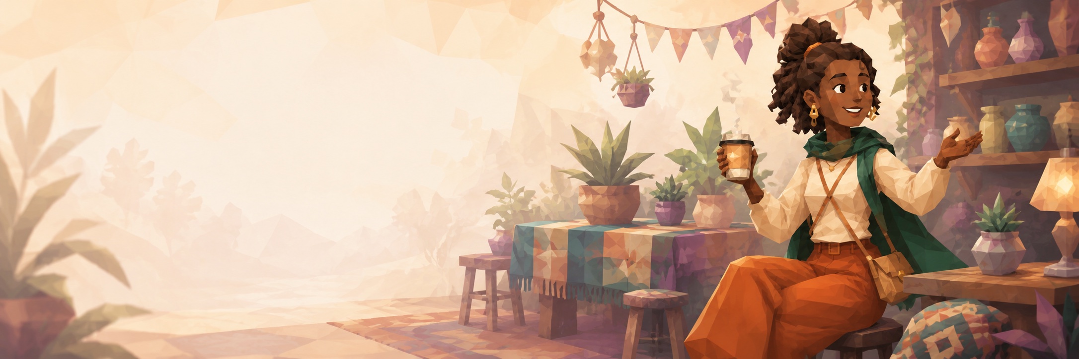 A character with a cup of tea in a shop full of plants and pottery