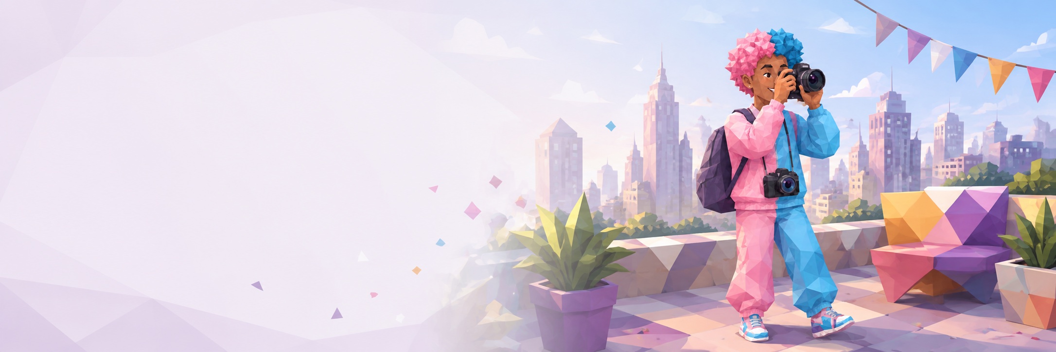 A character with a camera on a city terrace