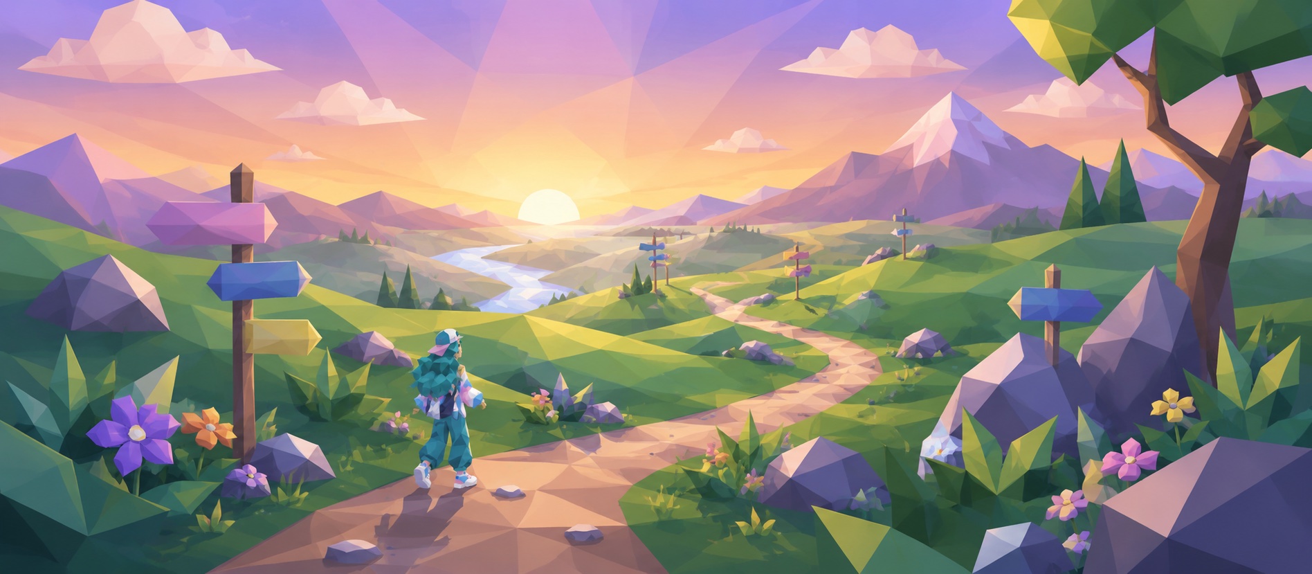 A winding path through sunrise hills with signposts, before starting the gender identity test