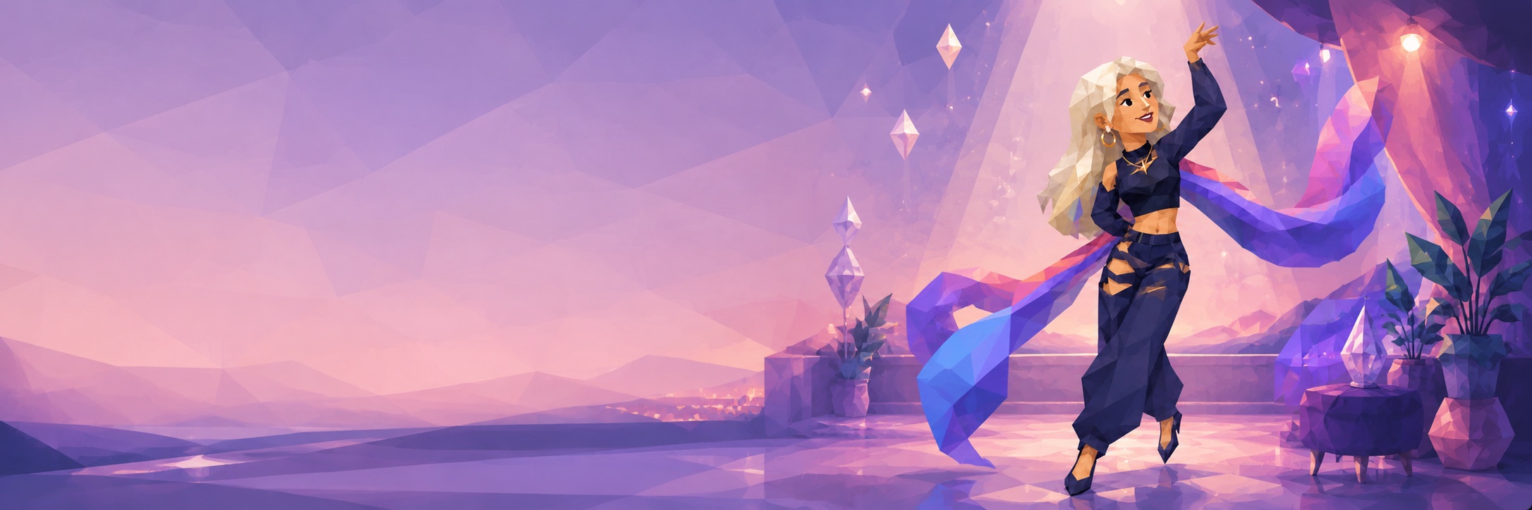 A character dancing under a violet sky