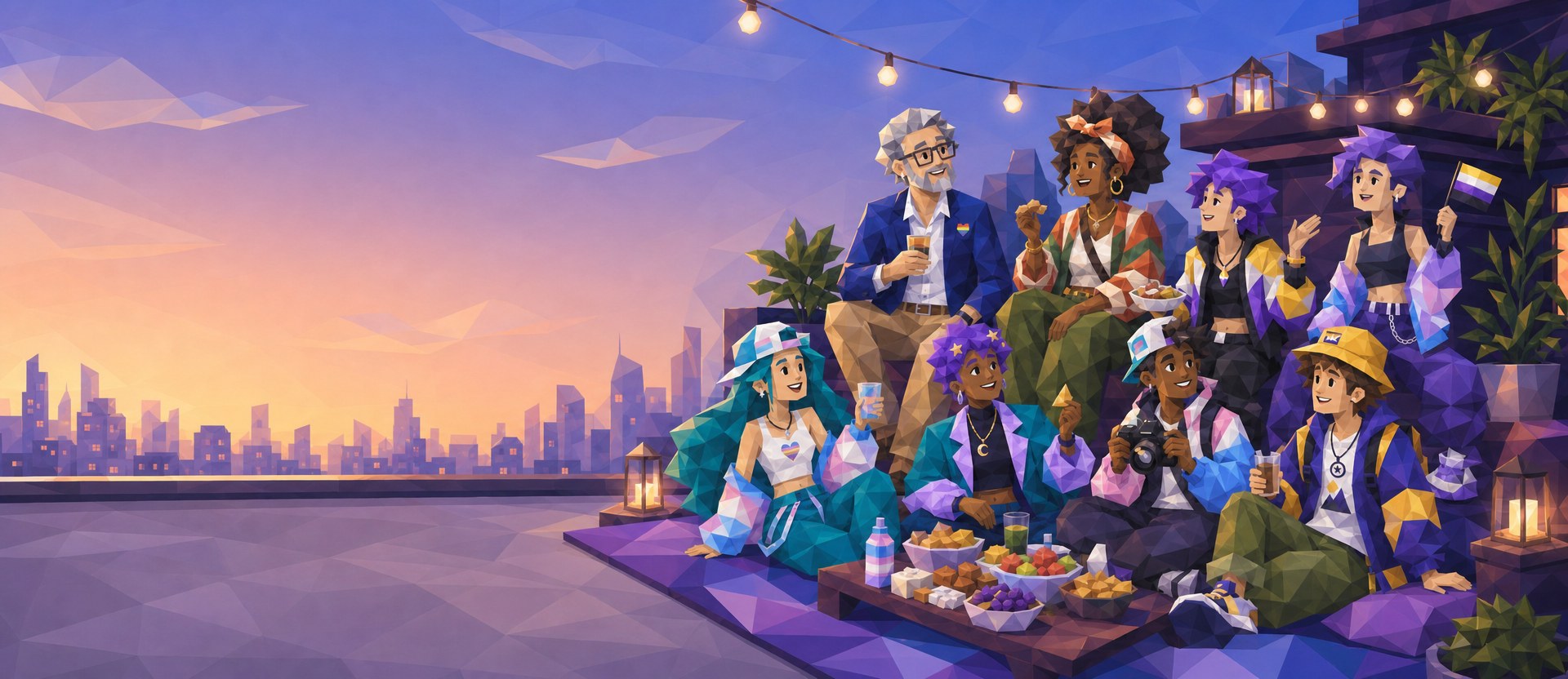 A group of friends sharing food on a rooftop at dusk, under string lights
