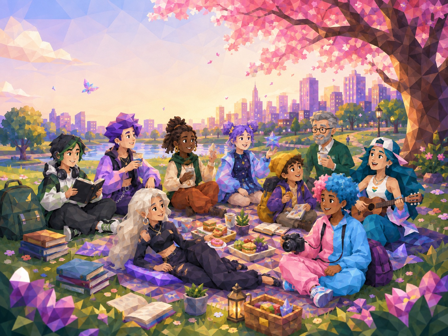 A large group picnicking together under blossom by a river