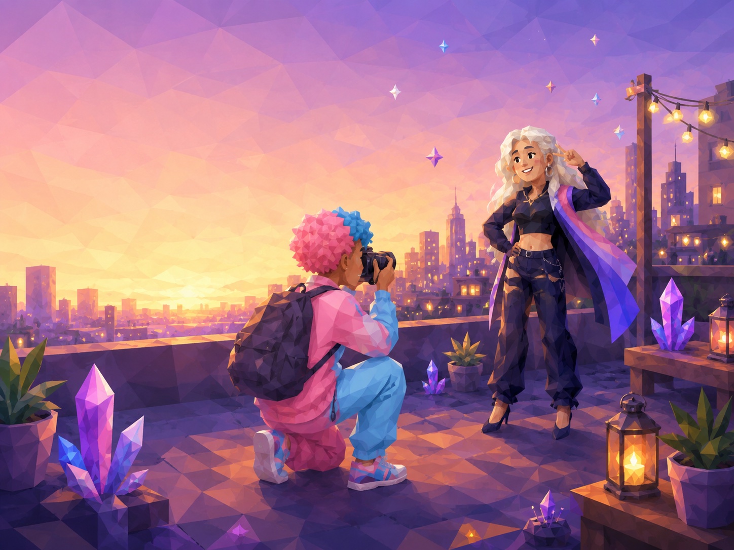 One character photographing another on a rooftop at sunset
