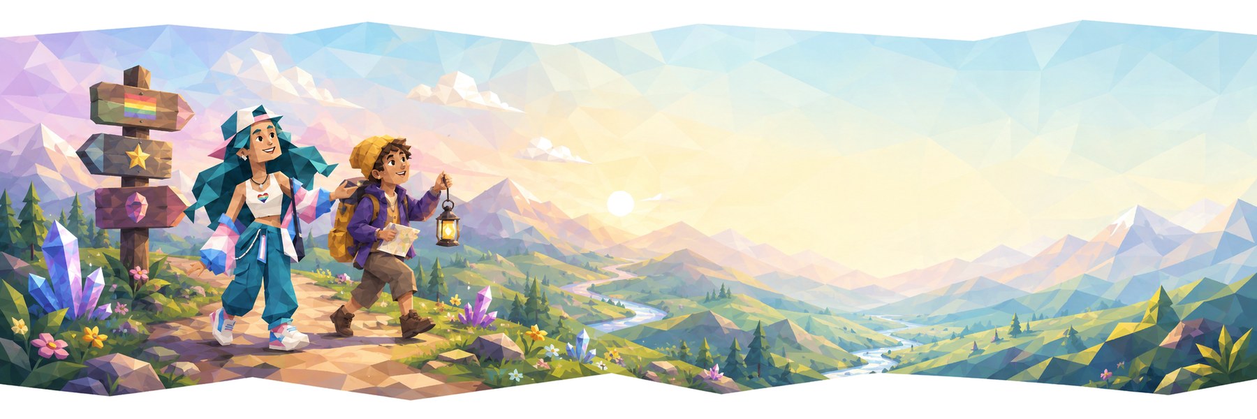 Two characters on a mountain path lined with signposts at sunrise