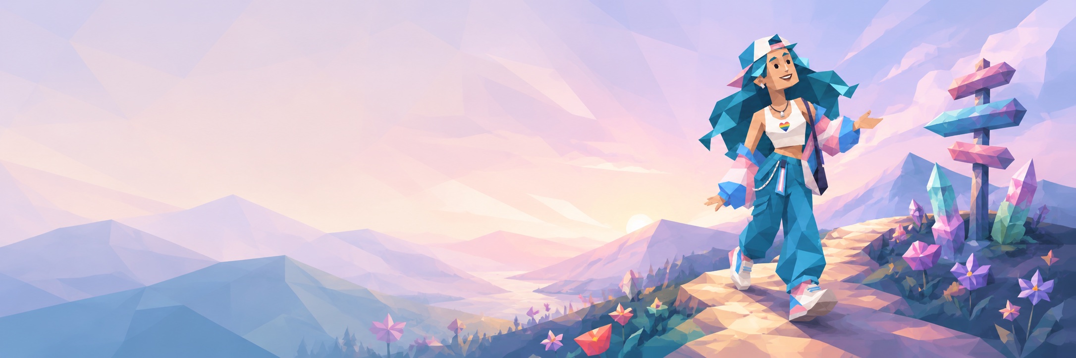 A character walking a flowering path at sunrise